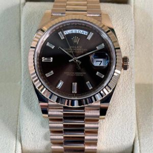 2021 Rolex Day-Date 40mm 228235 Rose Gold Chocolate Diamond Baguette for sale