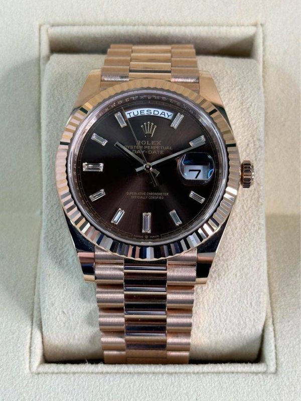 2021 Rolex Day-Date 40mm 228235 Rose Gold Chocolate Diamond Baguette for sale