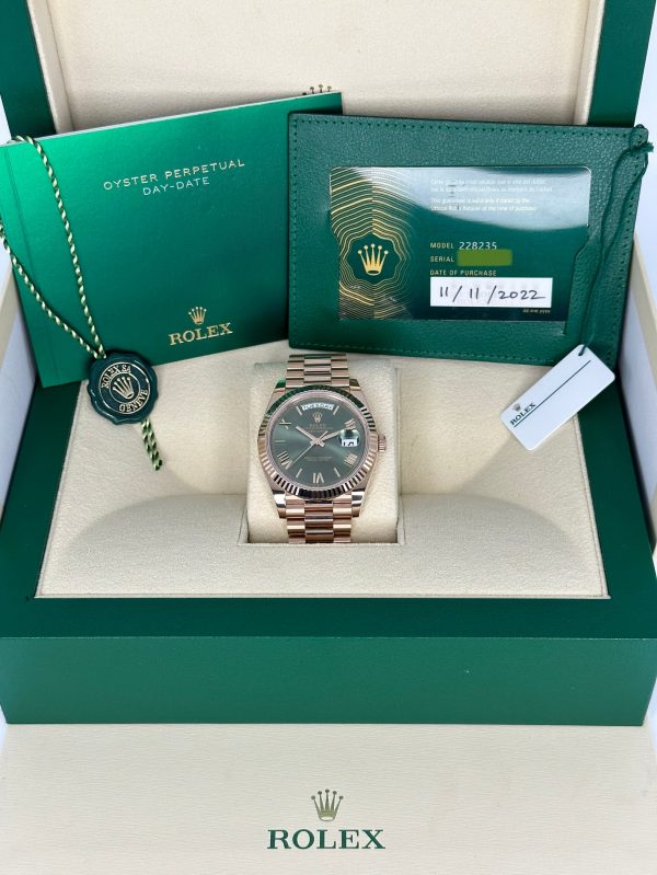 2022 Rolex Day-Date 40mm 228235 Presidential Rose Gold Olive Dial (No. 1 of 2) for sale