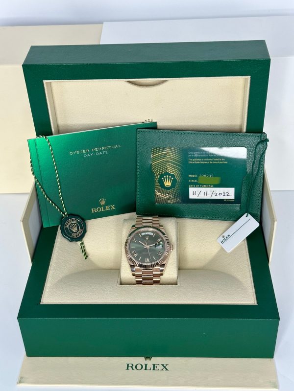 2022 Rolex Day-Date 40mm 228235 Presidential Rose Gold Olive Dial (No. 1 of 2) for sale