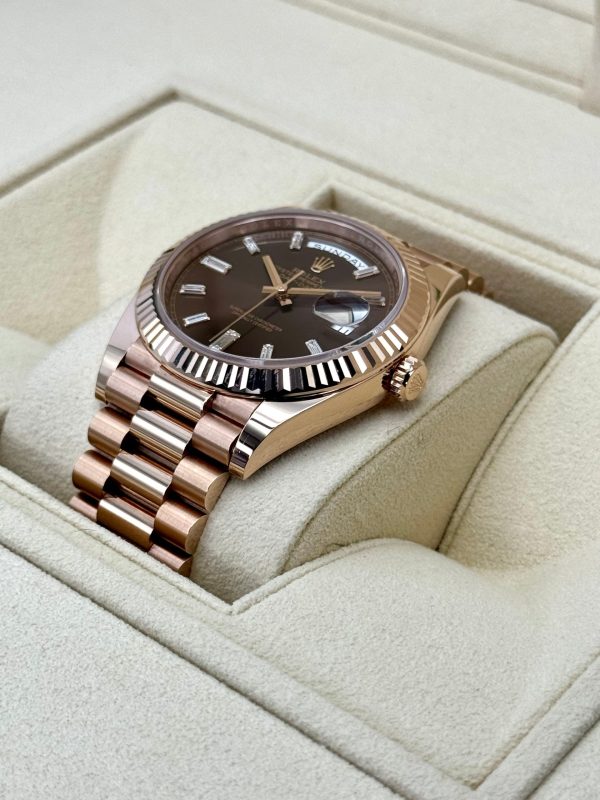 Rolex Day-Date 40mm 228235 Rose Gold Chocolate Baguette Dial (Unworn) for sale