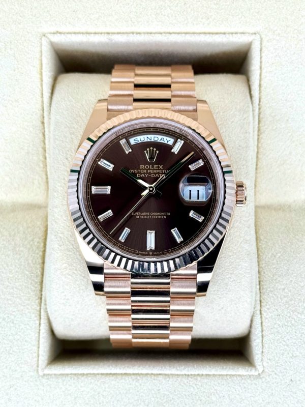 Rolex Day-Date 40mm 228235 Rose Gold Chocolate Baguette Dial (Unworn) for sale