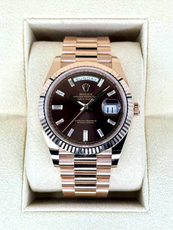 2022 Rolex Day-Date 40mm 228235 Rose Gold Chocolate Diamond Baguette for sale