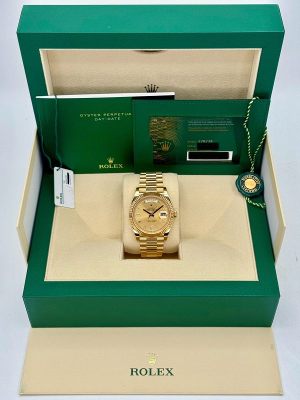 2023 Rolex Day-Date 40mm 228238 Champagne Diamond Baguette Dial for sale