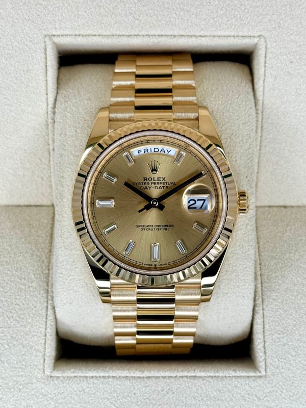 2023 Rolex Day-Date 40mm 228238 Champagne Diamond Baguette Dial for sale