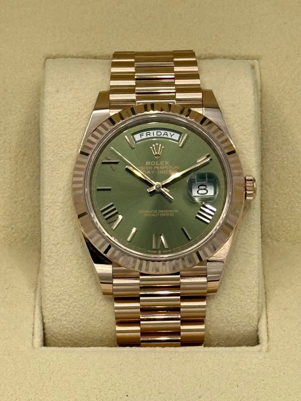 2023 Rolex Day-Date 40mm 228235 Presidential Rose Gold Olive Dial (Unworn) for sale