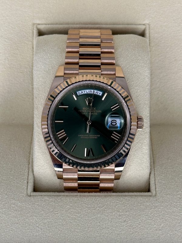 2022 Rolex Day-Date 40mm 228235 Presidential Rose Gold Olive Dial (Unworn) (No. 1 of 2) for sale