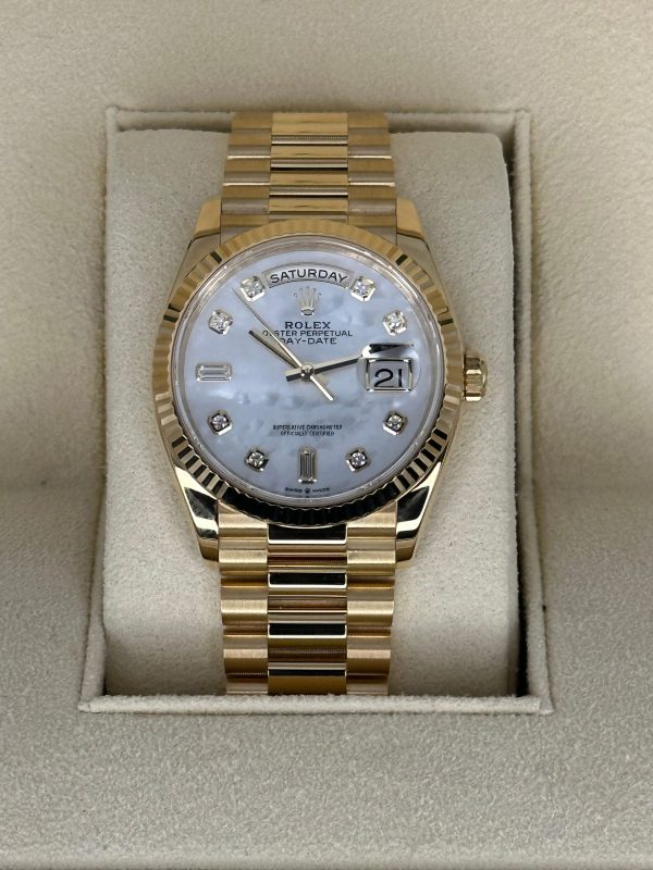 2021 Rolex Day-Date 36mm 128238 Mother of Pearl Diamond Dial for sale